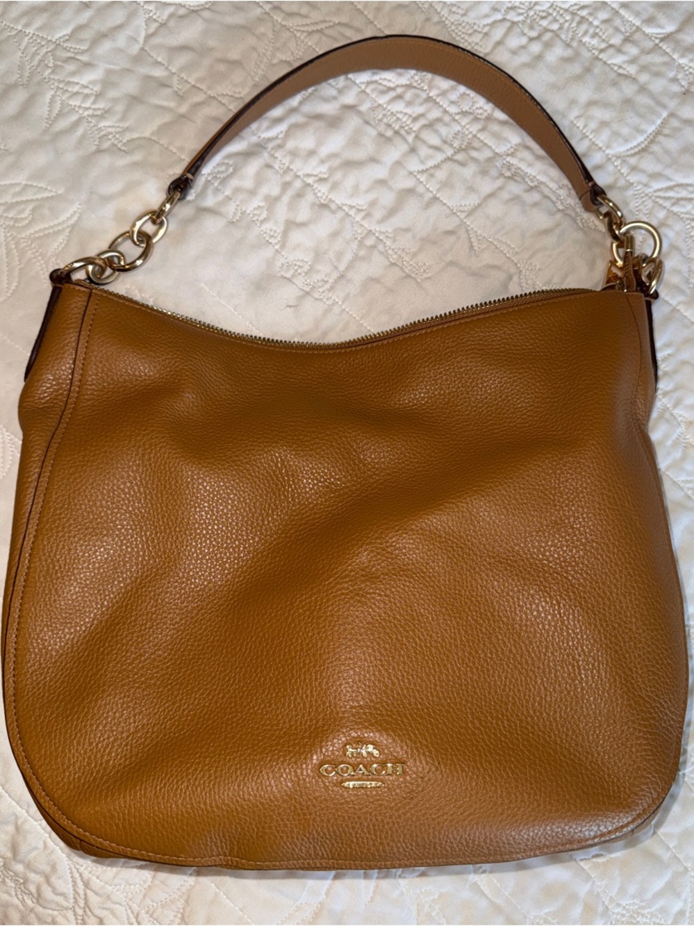 Coach Pebbled Leather Hobo in Cognac Brown with Gold Hardware